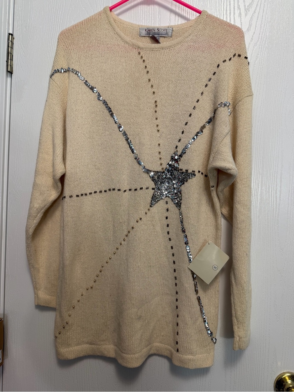 Vintage Karen Scott Cream Sequin Star-Accent Sweater